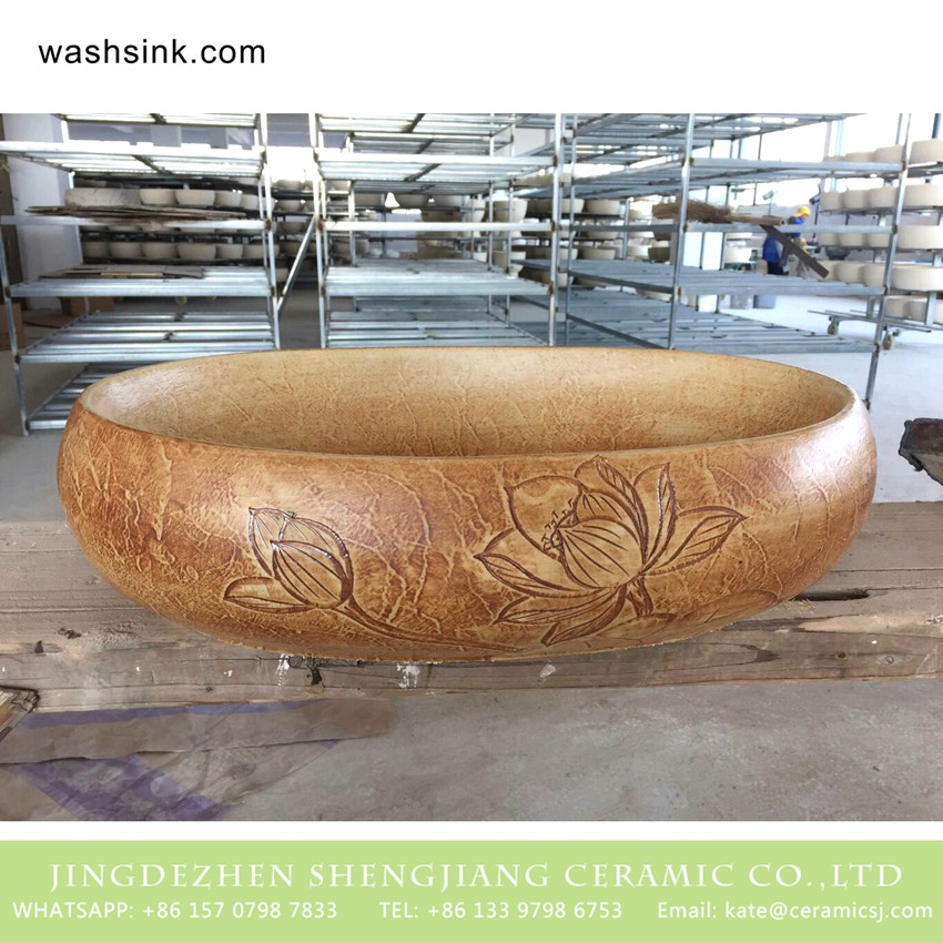 TPAA-160-w58×40×15j3135 TPAA-160 Jinagxi Jingdezhen hand carved Buddha lotus pattern pottery discount toilet trough - shengjiang  ceramic  factory   porcelain art hand basin wash sink