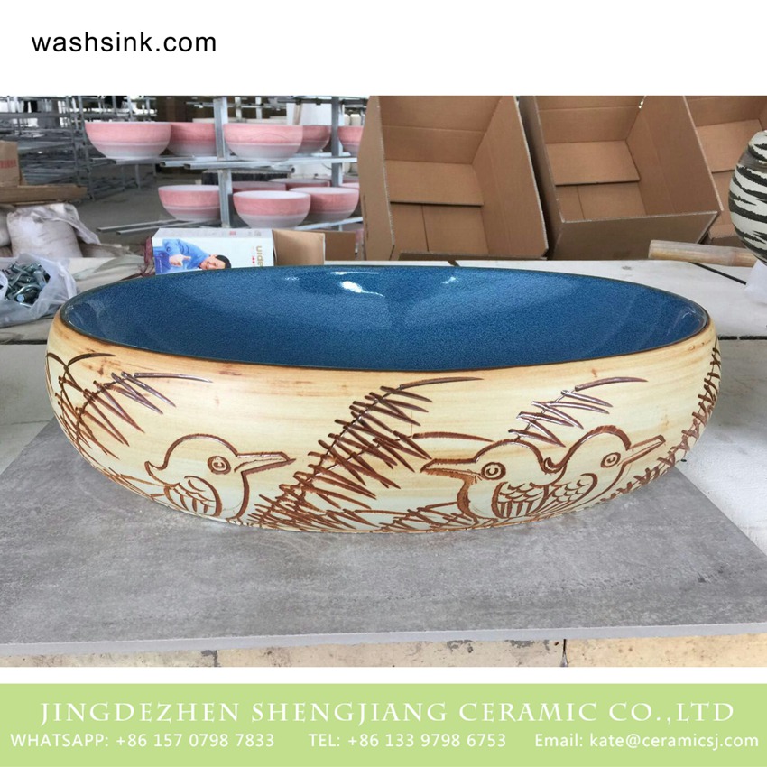 TPAA-162-w58×40×15j3135 TPAA-162 Chinese manufacture carved bird and reed pattern discount ceramic vessel sink - shengjiang  ceramic  factory   porcelain art hand basin wash sink