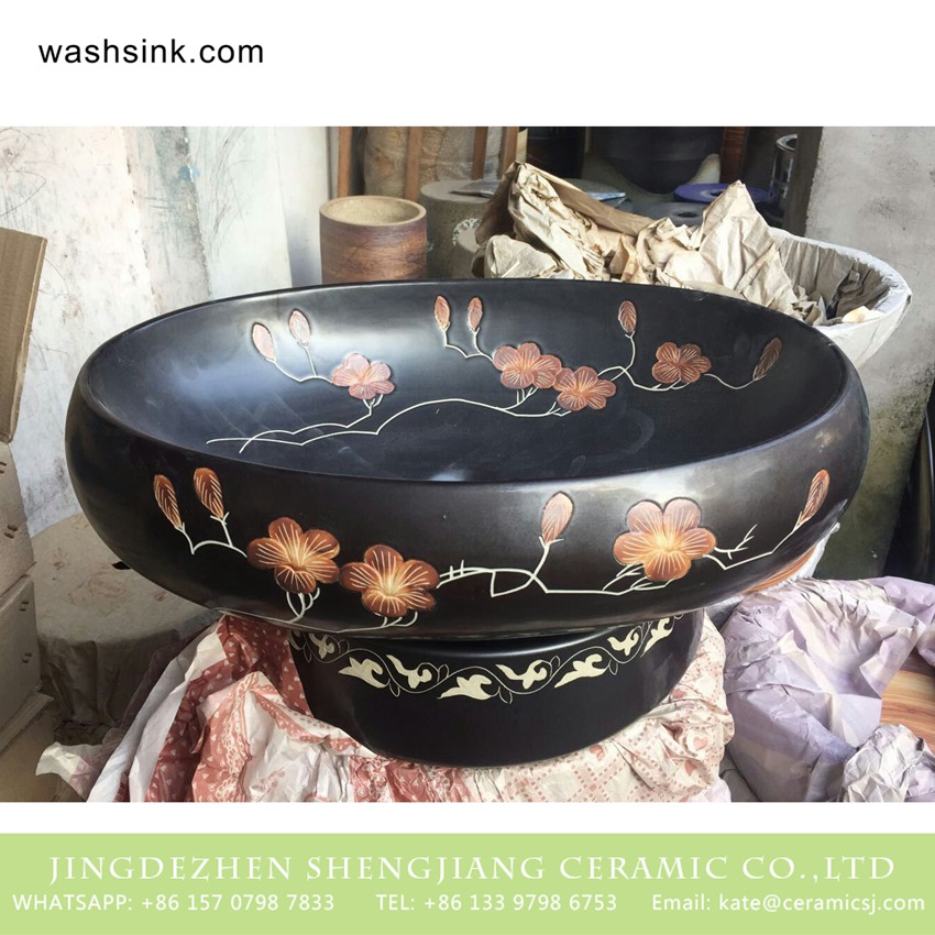 TPAA-167-w58×40×15j3135 TPAA-167 Jingdezhen wholesaler offered winter sweet pattern ceramic vanity unit - shengjiang  ceramic  factory   porcelain art hand basin wash sink
