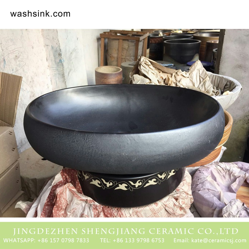 TPAA-170-w58×40×15j3135 TPAA-170 Asian oval matte black plain color porcelain cupboard bath wash basin - shengjiang  ceramic  factory   porcelain art hand basin wash sink