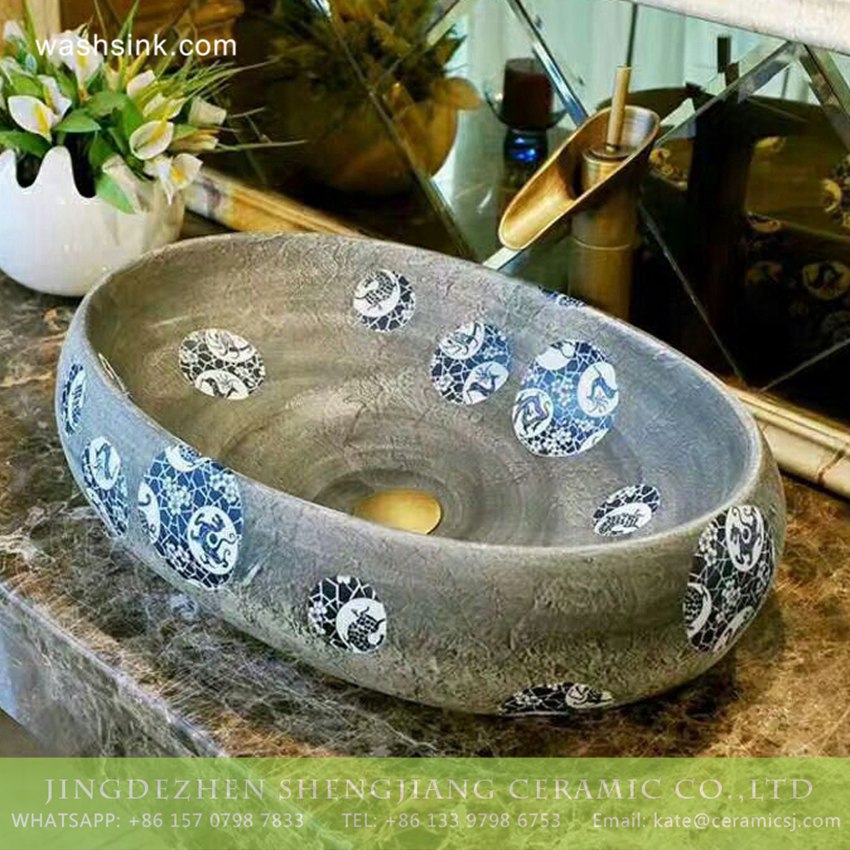TPAA-175-w58×40×15j3135 TPAA-175 Wholesale price Jiangxi Jingdezhen blue and white dot authentic oval clay basin - shengjiang  ceramic  factory   porcelain art hand basin wash sink