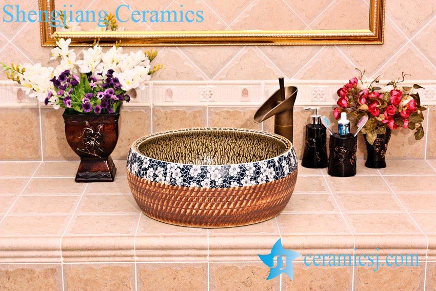 YL-B0_5256 YL-B0_5256 tea dust glaze inside engraving outside waist drum shaped table top lavabo basin sink - shengjiang  ceramic  factory   porcelain art hand basin wash sink