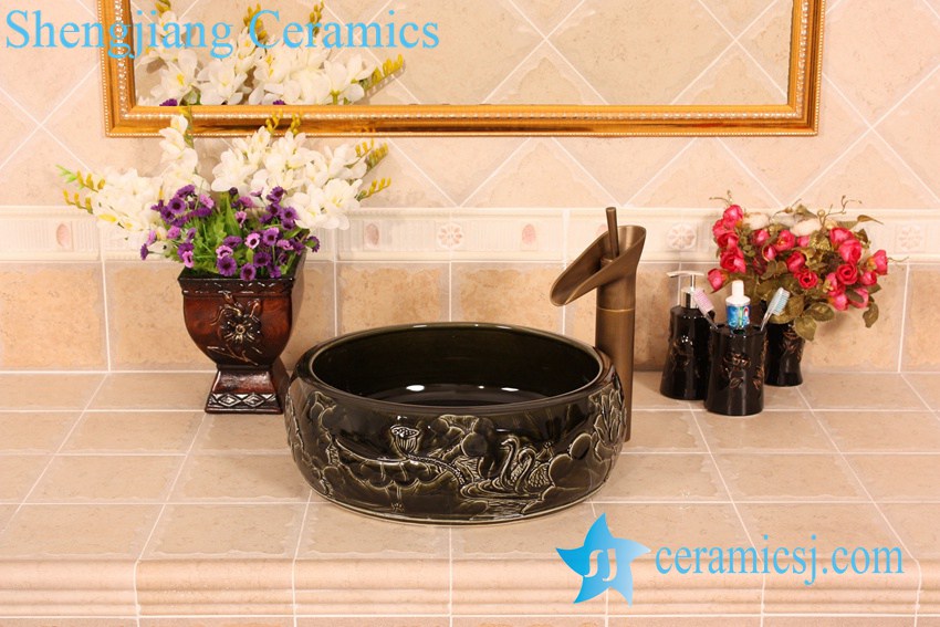 YL-B0_5383 YL-B0_5383 bright finish carving lotus flower black bathroom cabinet top sink bowl - shengjiang  ceramic  factory   porcelain art hand basin wash sink