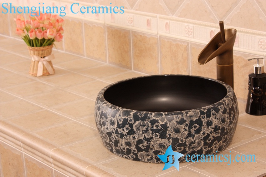 YL-B0_5479 YL-B0_5474 floral pattern matt finished round counter top wash basin sink - shengjiang  ceramic  factory   porcelain art hand basin wash sink