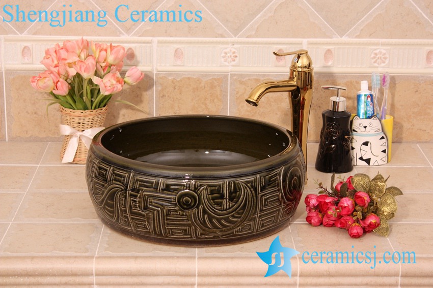 YL-B0_6213-1 YL-B0_6213 Hand carving round black bathroom vanity top basin - shengjiang  ceramic  factory   porcelain art hand basin wash sink