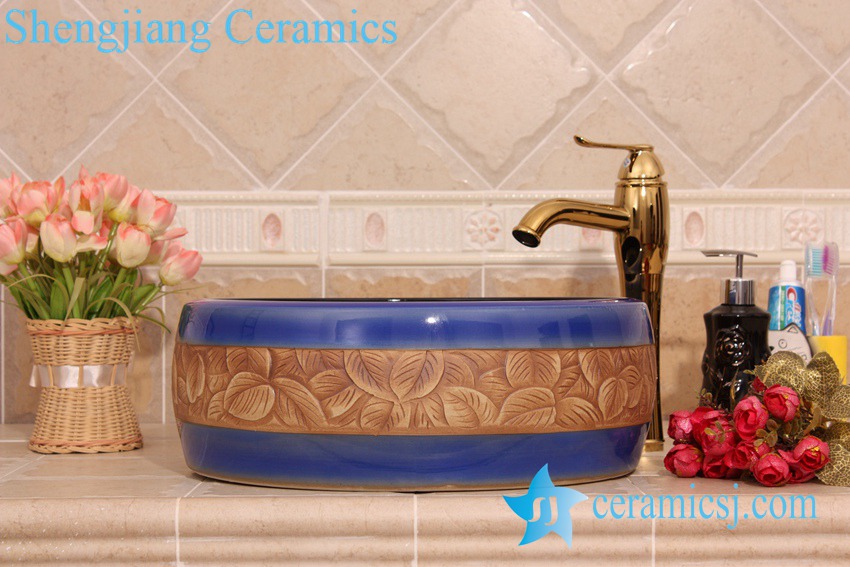 YL-B0_6306-1 YL-B0_6306 Round dark blue hand carving leaf vanity basin - shengjiang  ceramic  factory   porcelain art hand basin wash sink