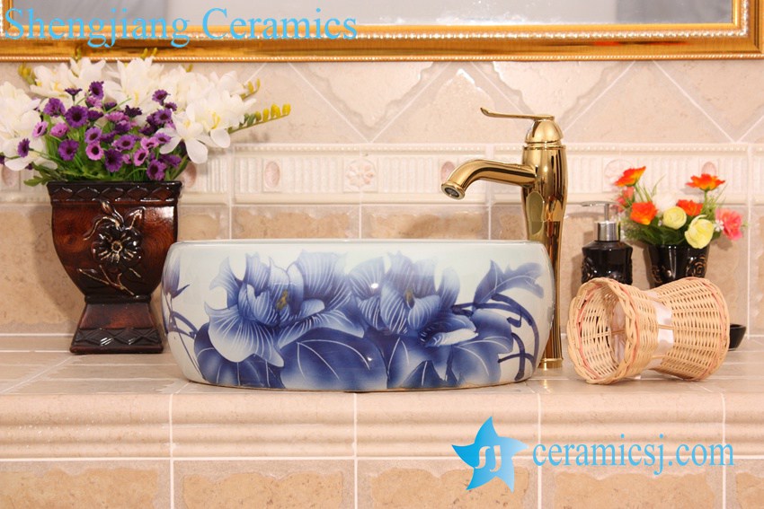 YL-B0_6606 YL-B0_6606 China supplier factory outlet price blue and white lotus round table top basin sink - shengjiang  ceramic  factory   porcelain art hand basin wash sink