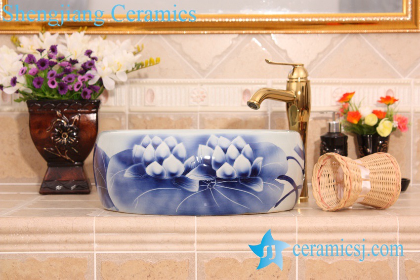 YL-B0_6615-1 YL-B0_6615 Round blue and white relief lotus bathroom cabinet top hand wash basin - shengjiang  ceramic  factory   porcelain art hand basin wash sink