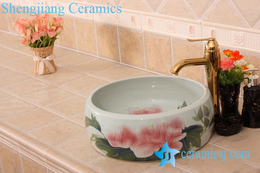 YL-B0_6830 YL-B0_6830 Red flower bathroom table top vessel sink basin - shengjiang  ceramic  factory   porcelain art hand basin wash sink