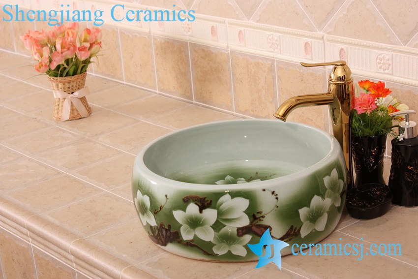 YL-B0_6833 YL-B0_6833 Round green hotel bathroom cabinet mount sink bowl - shengjiang  ceramic  factory   porcelain art hand basin wash sink