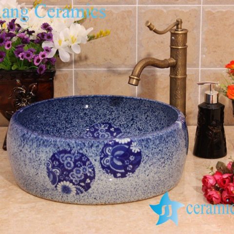 YL-B0_6938 Fancy round blue bathroom porcelain wash basin sink portable type