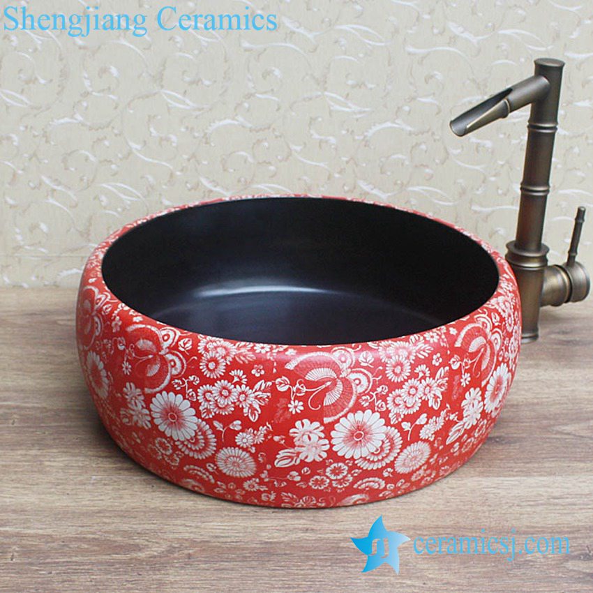 YL-B0_8279 YL-B0_8279 Hot sale round ceramic utility sink black glaze inside and red floral butterfly outside - shengjiang  ceramic  factory   porcelain art hand basin wash sink