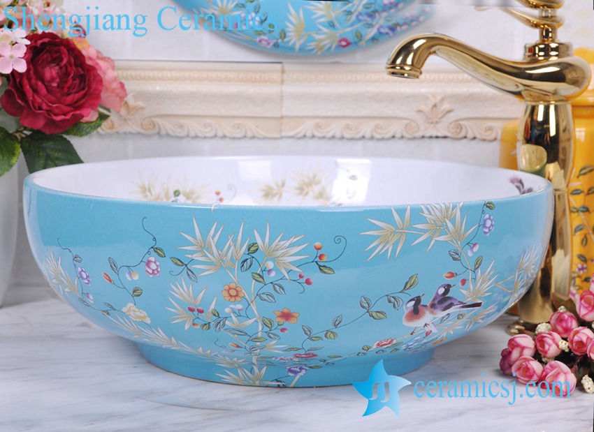 YL-C_0381 YL-C_0381 Chinese antique porcelain bathroom sink bowl with bird branch mark - shengjiang  ceramic  factory   porcelain art hand basin wash sink