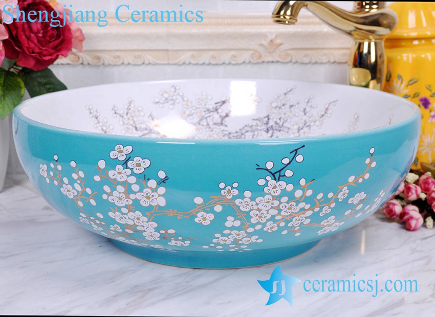 YL-C_0451 YL-C_0451 plum blossom pattern round blue sink bowl - shengjiang  ceramic  factory   porcelain art hand basin wash sink