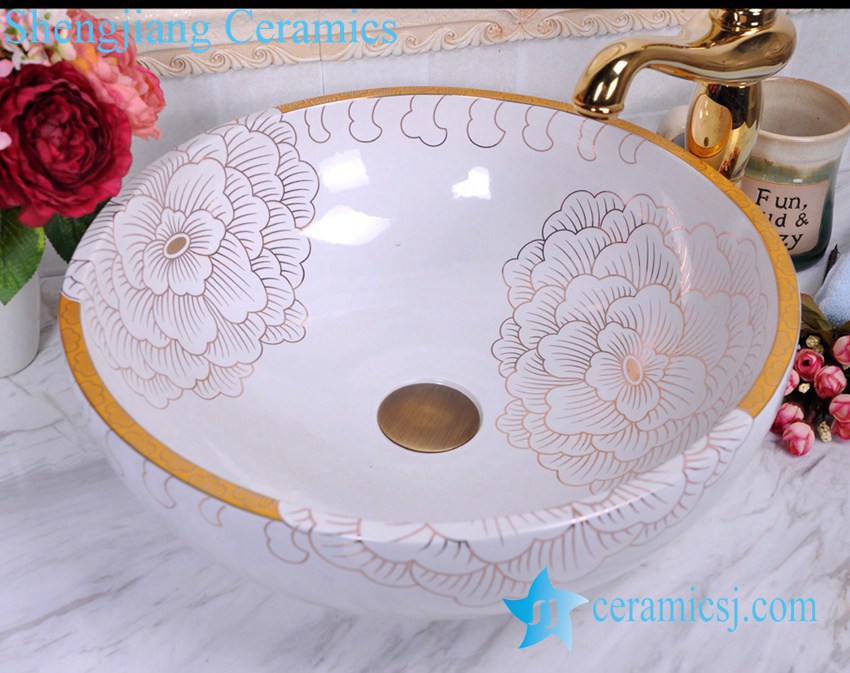 YL-C_0465 YL-C_0465 golden peony round ceramic counter above wash basin bowl - shengjiang  ceramic  factory   porcelain art hand basin wash sink