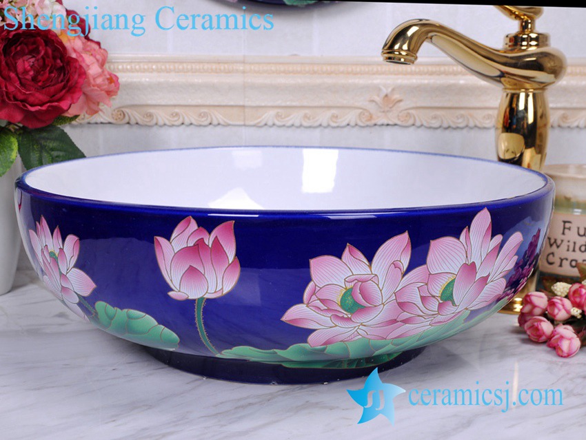 YL-C_0469 YL-C_0469 Jingdezhen Jiangxi China deep blue lotus flower counter top wash basin bowl - shengjiang  ceramic  factory   porcelain art hand basin wash sink