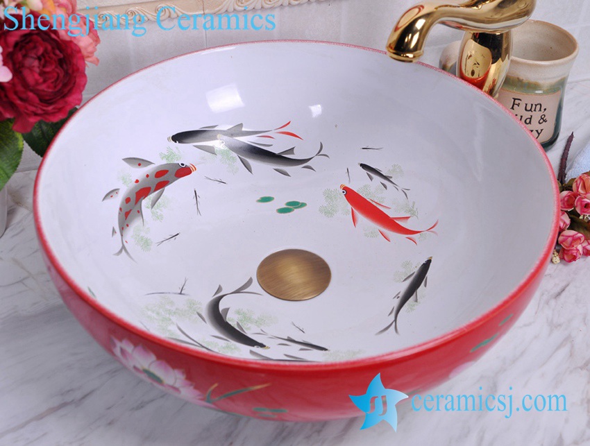 YL-C_0481 YL-C_0481 Koi fish inside louts flower outside cabinet top vessel sink baisn - shengjiang  ceramic  factory   porcelain art hand basin wash sink