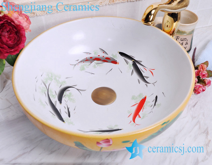 YL-C_0486 YL-C_0481 Koi fish inside louts flower outside cabinet top vessel sink baisn - shengjiang  ceramic  factory   porcelain art hand basin wash sink