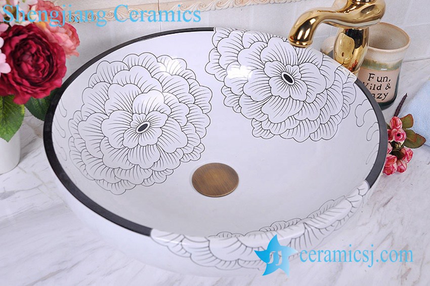 YL-C_0582 YL-C_0465 golden peony round ceramic counter above wash basin bowl - shengjiang  ceramic  factory   porcelain art hand basin wash sink