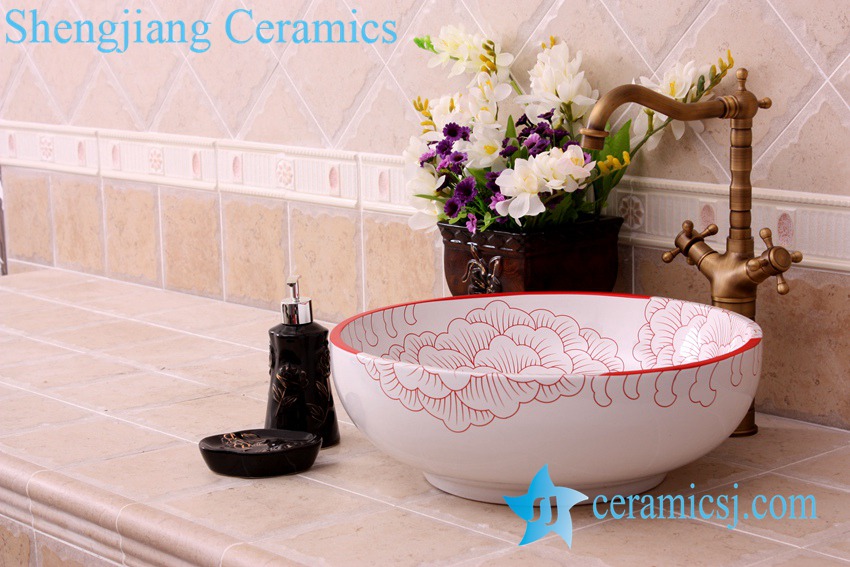 YL-C_3420 YL-C_0465 golden peony round ceramic counter above wash basin bowl - shengjiang  ceramic  factory   porcelain art hand basin wash sink