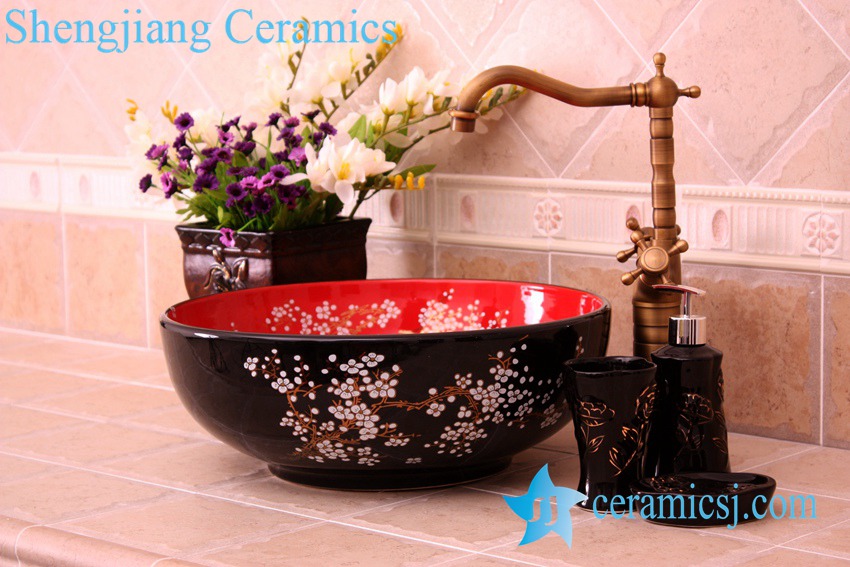 YL-C_3592 YL-C_0451 plum blossom pattern round blue sink bowl - shengjiang  ceramic  factory   porcelain art hand basin wash sink