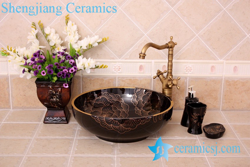 YL-C_3620 YL-C_0465 golden peony round ceramic counter above wash basin bowl - shengjiang  ceramic  factory   porcelain art hand basin wash sink