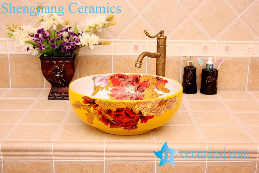 YL-C_3732 YL-C_4728 Colorful peony flower design porcelain counter top basin - shengjiang  ceramic  factory   porcelain art hand basin wash sink