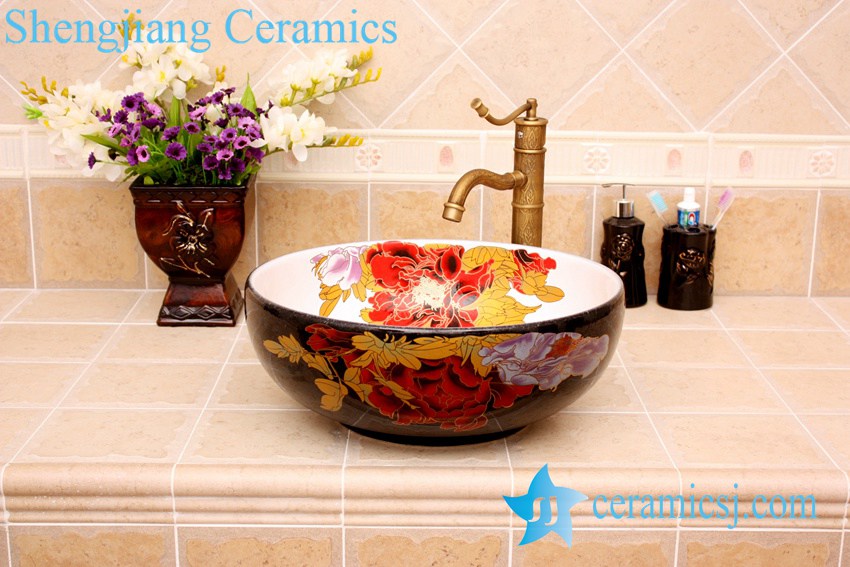 YL-C_3735 YL-C_4728 Colorful peony flower design porcelain counter top basin - shengjiang  ceramic  factory   porcelain art hand basin wash sink