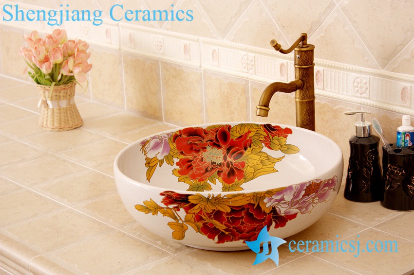 YL-C_4474 YL-C_4728 Colorful peony flower design porcelain counter top basin - shengjiang  ceramic  factory   porcelain art hand basin wash sink