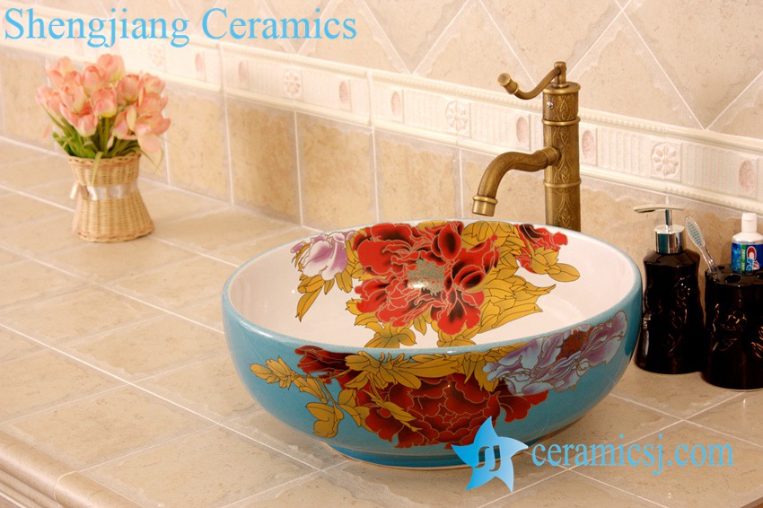 YL-C_4483 YL-C_4728 Colorful peony flower design porcelain counter top basin - shengjiang  ceramic  factory   porcelain art hand basin wash sink