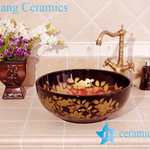 YL-C_4510 Round porcelain gold flower and leaf design cabinet above sink basin
