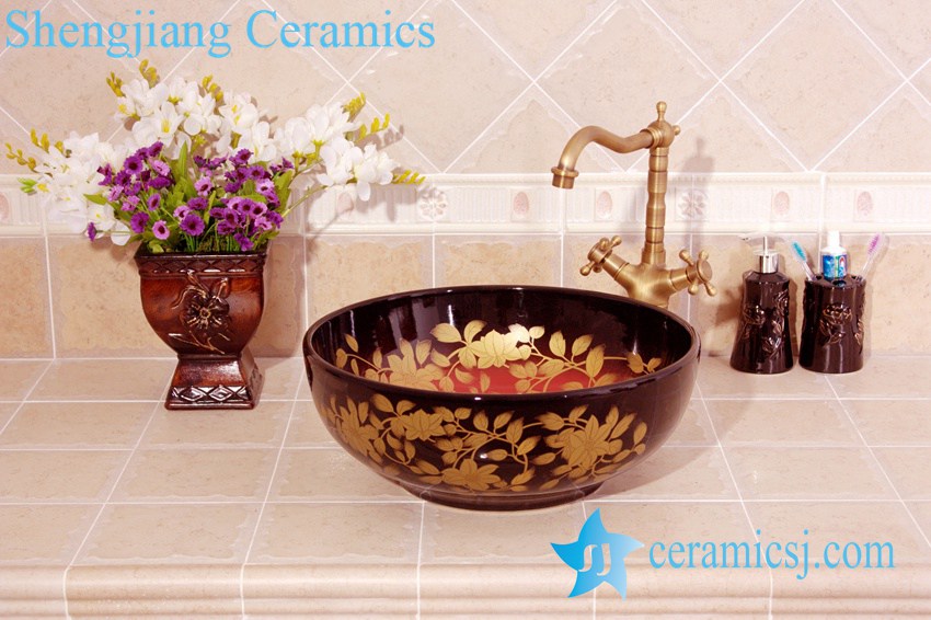 YL-C_4510 YL-C_4510 Round porcelain gold flower and leaf design cabinet above sink basin - shengjiang  ceramic  factory   porcelain art hand basin wash sink