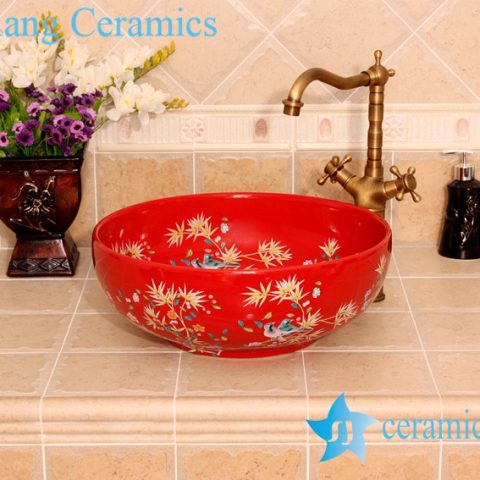 YL-C_4724 Colorful bird and flower art ceramic vanity top wash basin
