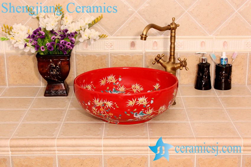 YL-C_4550 YL-C_4724 Colorful bird and flower art ceramic vanity top wash basin - shengjiang  ceramic  factory   porcelain art hand basin wash sink