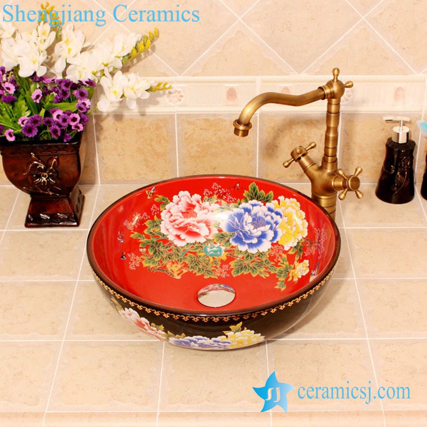 YL-C_4612 YL-C_4612 Peony flower design China style counter top wash basin bowl - shengjiang  ceramic  factory   porcelain art hand basin wash sink