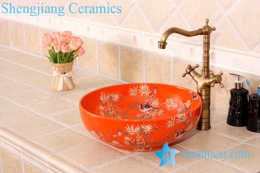 YL-C_4724 YL-C_4724 Colorful bird and flower art ceramic vanity top wash basin - shengjiang  ceramic  factory   porcelain art hand basin wash sink