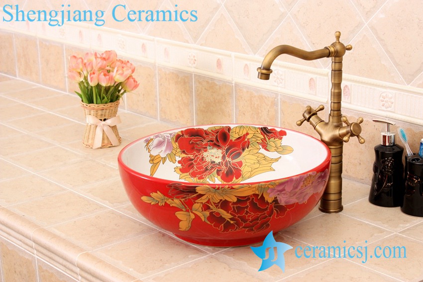 YL-C_4728 YL-C_4728 Colorful peony flower design porcelain counter top basin - shengjiang  ceramic  factory   porcelain art hand basin wash sink