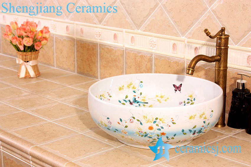 YL-C_5003 YL-C_4724 Colorful bird and flower art ceramic vanity top wash basin - shengjiang  ceramic  factory   porcelain art hand basin wash sink