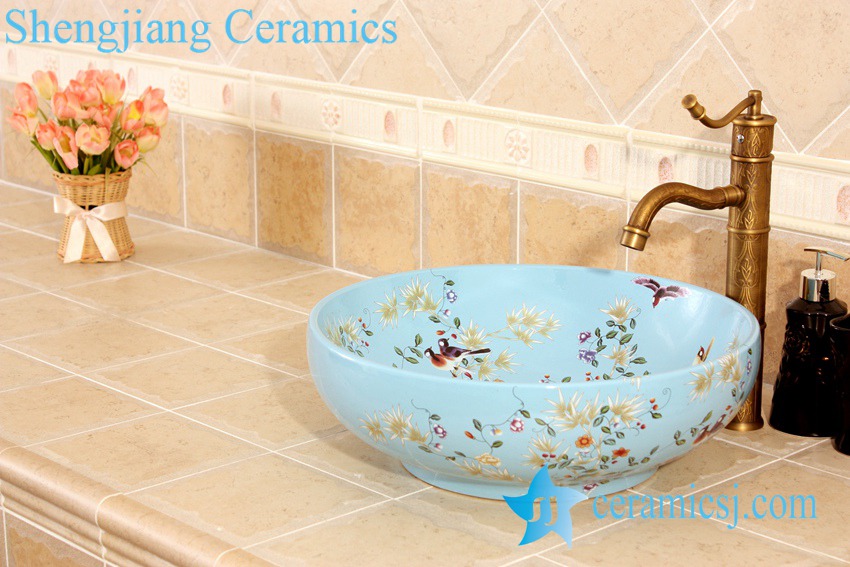 YL-C_5014 YL-C_4724 Colorful bird and flower art ceramic vanity top wash basin - shengjiang  ceramic  factory   porcelain art hand basin wash sink