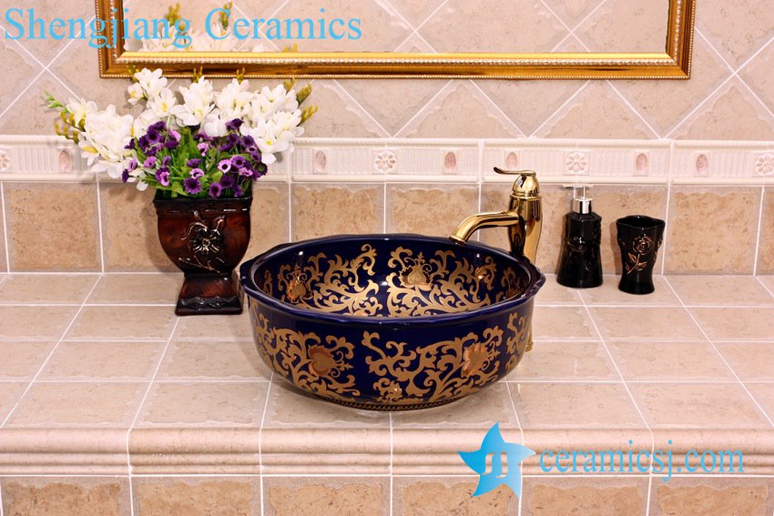 YL-C_5145 YL-C_5143 Porcelain ceramic counter top hand wash rinse golden plated - shengjiang  ceramic  factory   porcelain art hand basin wash sink