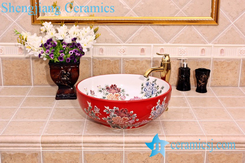 YL-C_5148 YL-C_5148 Chinese style butterfly and peony round ceramic vanity top sink bowl - shengjiang  ceramic  factory   porcelain art hand basin wash sink