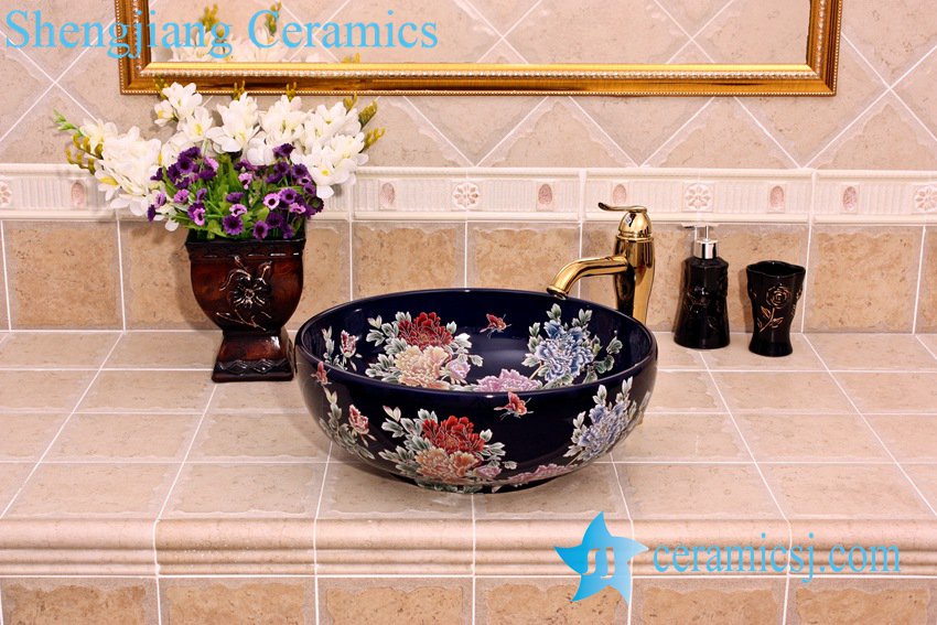 YL-C_5149 YL-C_5148 Chinese style butterfly and peony round ceramic vanity top sink bowl - shengjiang  ceramic  factory   porcelain art hand basin wash sink