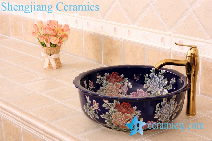 YL-C_5213 YL-C_6186 Peony and butterfly art design colorful porcelain counter top sink baisn - shengjiang  ceramic  factory   porcelain art hand basin wash sink