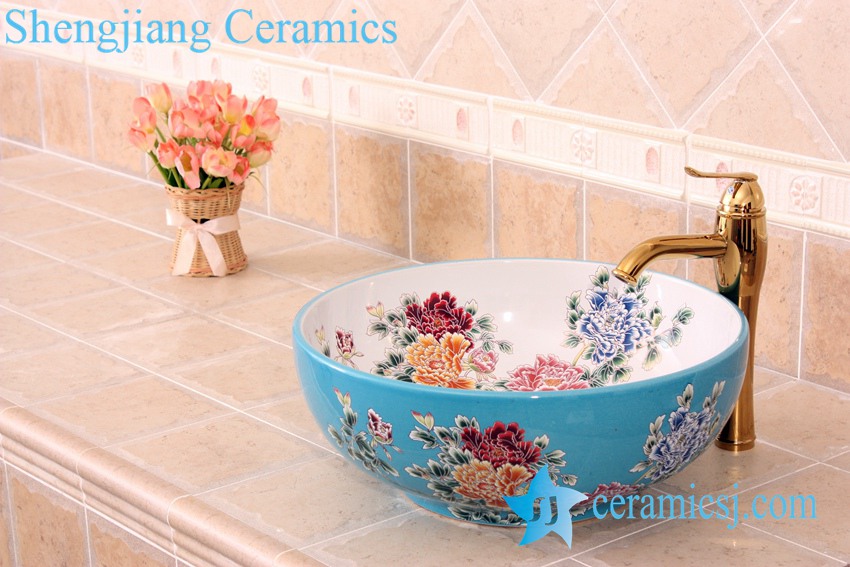 YL-C_5217 YL-C_5148 Chinese style butterfly and peony round ceramic vanity top sink bowl - shengjiang  ceramic  factory   porcelain art hand basin wash sink