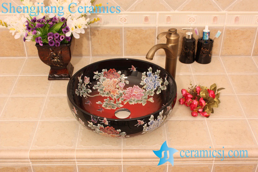 YL-C_5671 YL-C_5148 Chinese style butterfly and peony round ceramic vanity top sink bowl - shengjiang  ceramic  factory   porcelain art hand basin wash sink