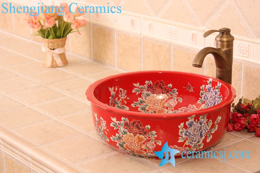 YL-C_5740 YL-C_6186 Peony and butterfly art design colorful porcelain counter top sink baisn - shengjiang  ceramic  factory   porcelain art hand basin wash sink