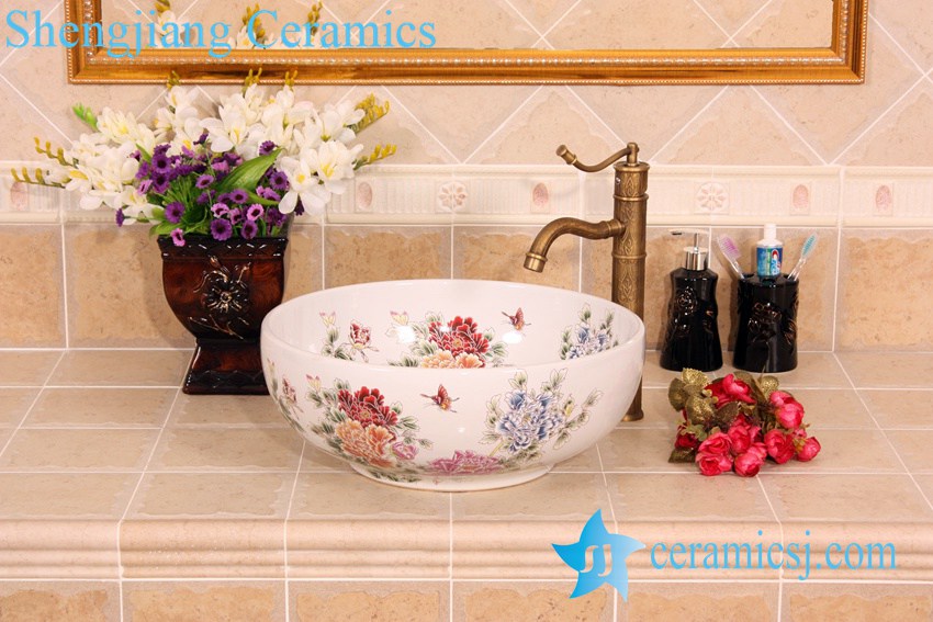 YL-C_5809 YL-C_5148 Chinese style butterfly and peony round ceramic vanity top sink bowl - shengjiang  ceramic  factory   porcelain art hand basin wash sink