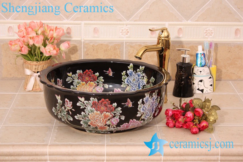YL-C_6186 YL-C_6186 Peony and butterfly art design colorful porcelain counter top sink baisn - shengjiang  ceramic  factory   porcelain art hand basin wash sink