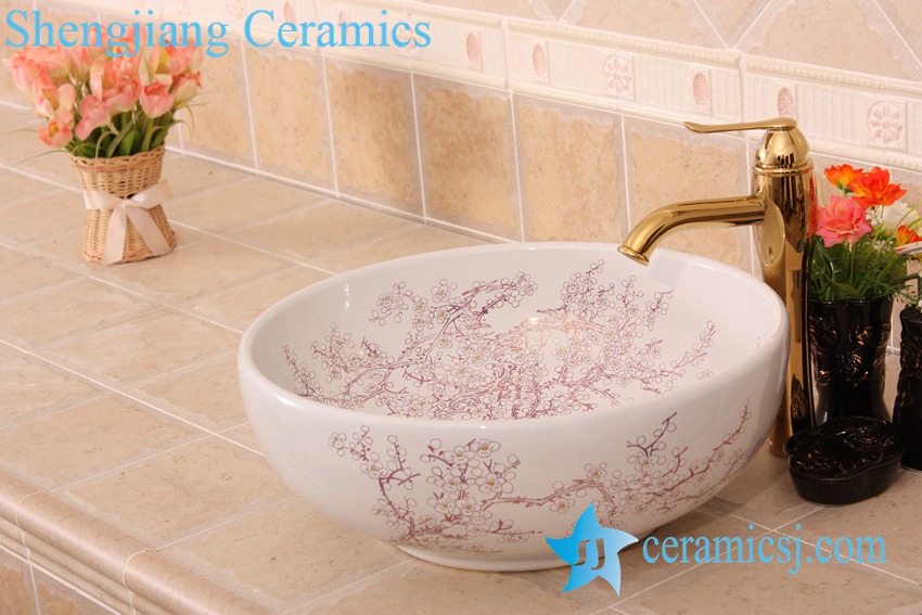 YL-C_6817 YL-C_7552 Factory outlet Plum blossom flower colorful round porcelain cabinet top sink basin bowls - shengjiang  ceramic  factory   porcelain art hand basin wash sink