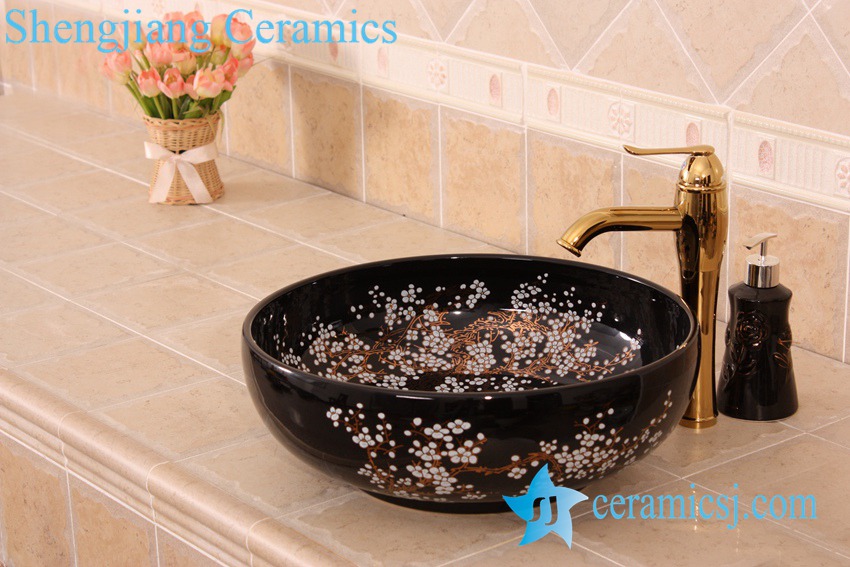 YL-C_7220 YL-C_7552 Factory outlet Plum blossom flower colorful round porcelain cabinet top sink basin bowls - shengjiang  ceramic  factory   porcelain art hand basin wash sink